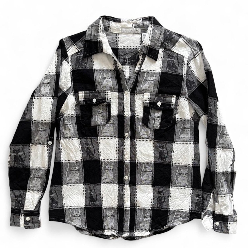 Black & White Cat Embroidered Plaid Button-Down Shirt, Size Medium